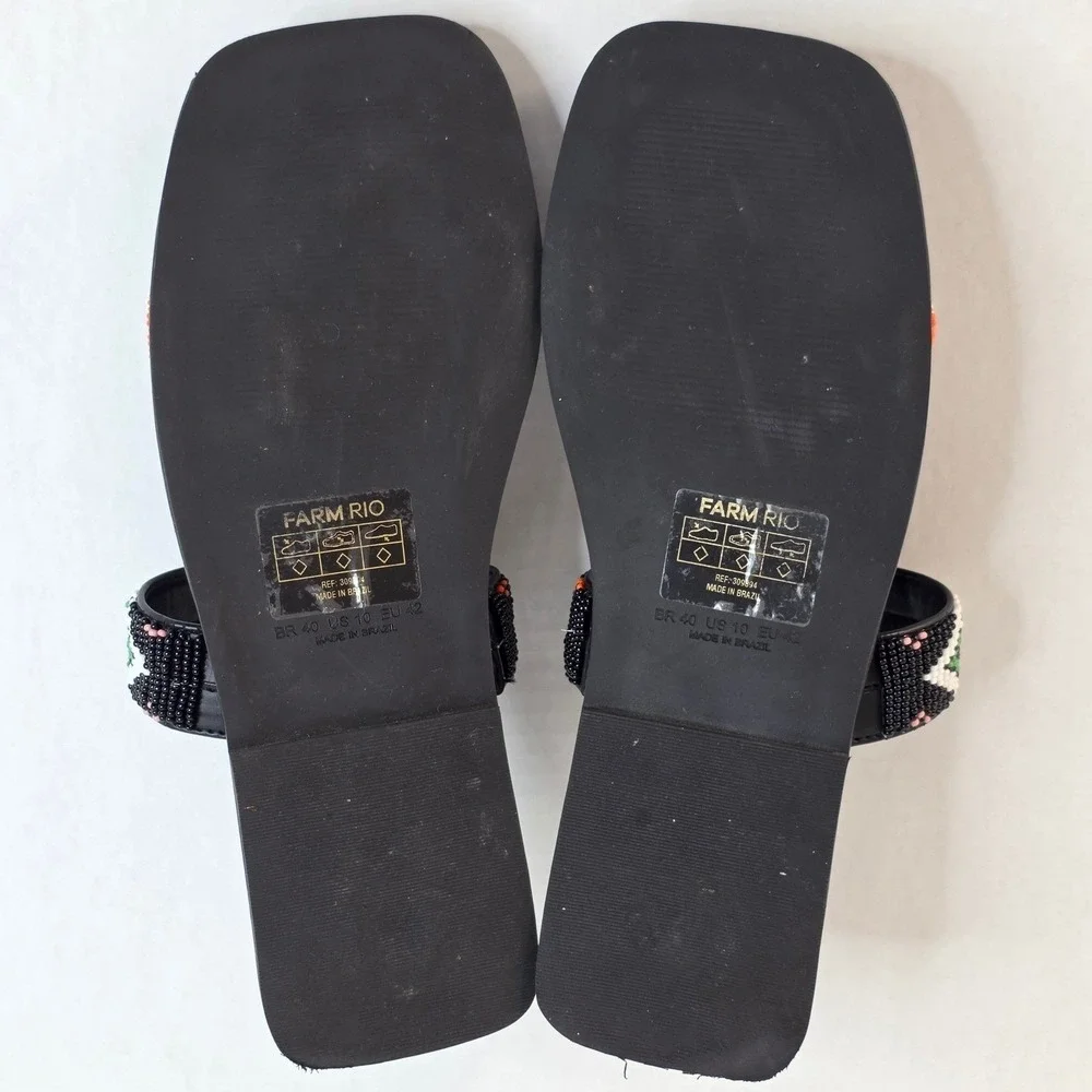 Farm‎ Rio Beaded Square Toe Slide Sandals Womens 10 Black Boho Tropical Resort